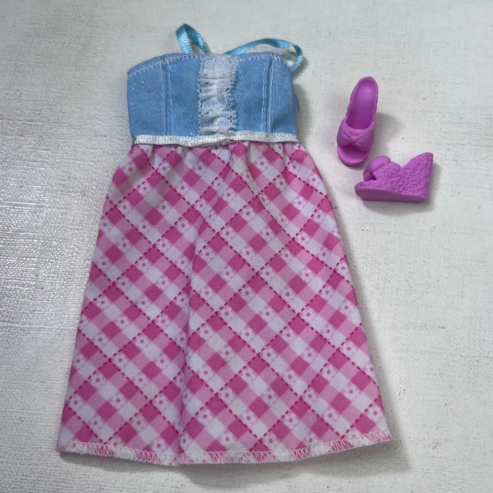 Barbie Doll Pink‎ Gingham Dress Blue Bodice and Purple Wedge Shoes Outfit Set